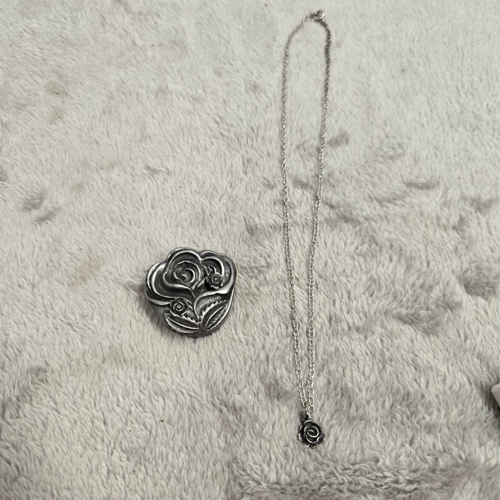 Vintage Torino Pewter Rose Jewelry Set Brooch and Pendant Necklace Silver Tone